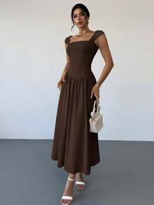 Vestido largo elegante con cuello cuadrado, mangas de campana y lazo en la cintura, con pliegues.Adecuado para citas, primavera/verano, vestidos de verano para mujeres - Marrón Chocolate - Ver 3