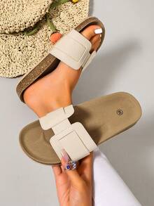 Ximi Ruo Sandal đế bằng nữ thiết kế khóa cài, kiểu dáng thời trang thường ngày, phù hợp cho mặc hàng ngày, đi biển, ở nhà, đi làm, mua sắm, du lịch. - Màu be - Xem 2