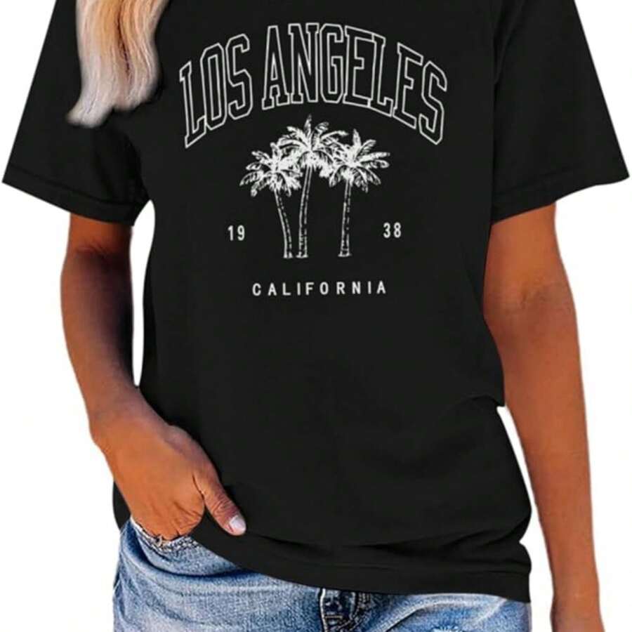 Camisa hawaiana de Los Ángeles con estampado de letras de California Beach Palms para mujer, playera tropical hawaiana - Negro - Ver 1