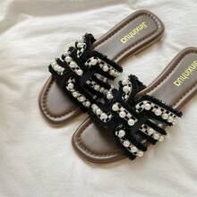 Giày sandal đế bằng kiểu Pháp dành cho nữ, giày lười đi biển mùa hè mới, gót thấp, quai ngang thời trang, phù hợp để phối cùng váy. - màu đen - Xem 6