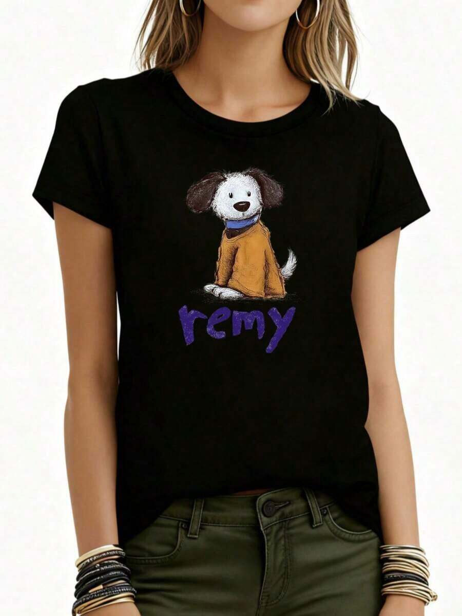 1 Piece Fashionable Casual T-Shirt For Men And Women, With White Dog Print And Remy Name, Casual Wear For Daily Outings, Home, Travel, Festivals, Parties. Versatile, Easy To Match, For Everyday Wear, Urban Style, Vacation Wear, Weekend Wear. - 黑色 - 查看 1