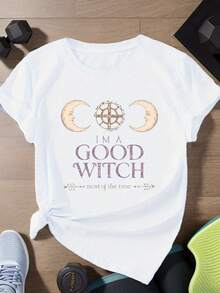 Camiseta de Manga Corta para Mujer con Ilustración Celestial de Misterio de Bruja, para Halloween, Camiseta de Algodón Familiar Coordinada - Blanco - Ver 1