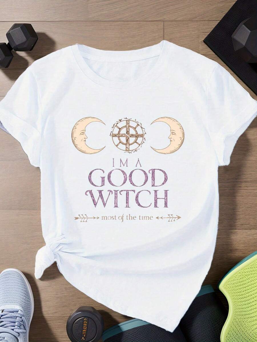 Camiseta de Manga Corta para Mujer con Ilustración Celestial de Misterio de Bruja, para Halloween, Camiseta de Algodón Familiar Coordinada - Blanco - Ver 1