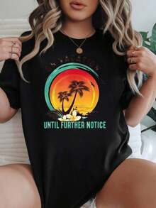 Camisa de Mujer Casual de Corte Holgado, Opciones en Blanco y Negro, Estampado de Árboles Tropicales al Atardecer en Vacaciones Hasta Nuevo Aviso, Camisas de Verano para Playa, Tops de Verano, Camisetas Gráficas, Conjuntos de Verano, Camisetas Gráficas para Mujer, Tops Cortos para Mujer, Tops Vintage de Algodón, Ropa Linda para Mujer, Playera Holgada para Mujer - Negro - Ver 1