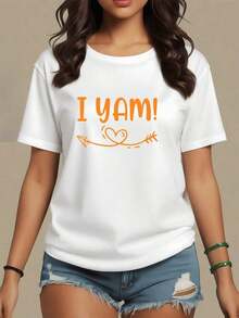 Comfortable Festive Phrase "I YAM" With Heart And Arrow Symbolizing Joy And Love For Christmas. Women's T-Shirt, 100% Cotton, Comfortable And Perfect For Christmas Days. Fashionable All-Match Women's Short Sleeve T-Shirt, Basic Style For Inner & Outer Wear - 白色的 - 查看 12