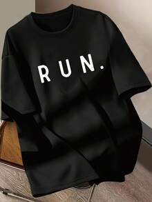 Camiseta de manga corta con cuello redondo para mujer, con estampado de patrón RUN, suave y cómoda, mezcla ligera, lavable a máquina, top elástico para todas las estaciones: primavera, verano, otoño. - Negro - Ver 1