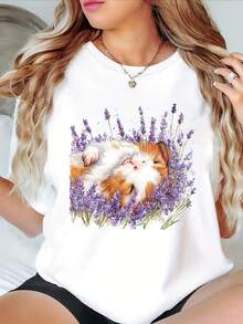 Women's T-Shirt With Guinea Pig Print, Short Sleeve, Round Neck, Lightweight, Polyester Blend, Spring And Summer Essential - 白色 - 查看 7