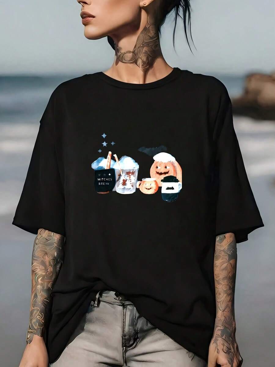 Camiseta divertida para mujer con diseño de bruja cocinando, ideal para fiestas familiares de Halloween, un regalo perfecto para reuniones grupales y la temporada de terror. Cómoda y versátil camiseta de manga corta. - Negro - Ver 1