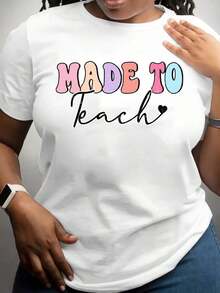 100% algodón, camiseta de mujer, camiseta de talla grande, diseño con patrón de texto a color para maestros y trabajadores educativos. - Blanco - Ver 8