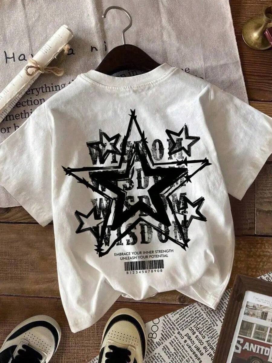 Playera de cuello redondo con estampado de estrellas para mujer, camiseta casual de moda para uso diario, vacaciones y actividades al aire libre, ropa de verano para damas, top - Blanco - Ver 1