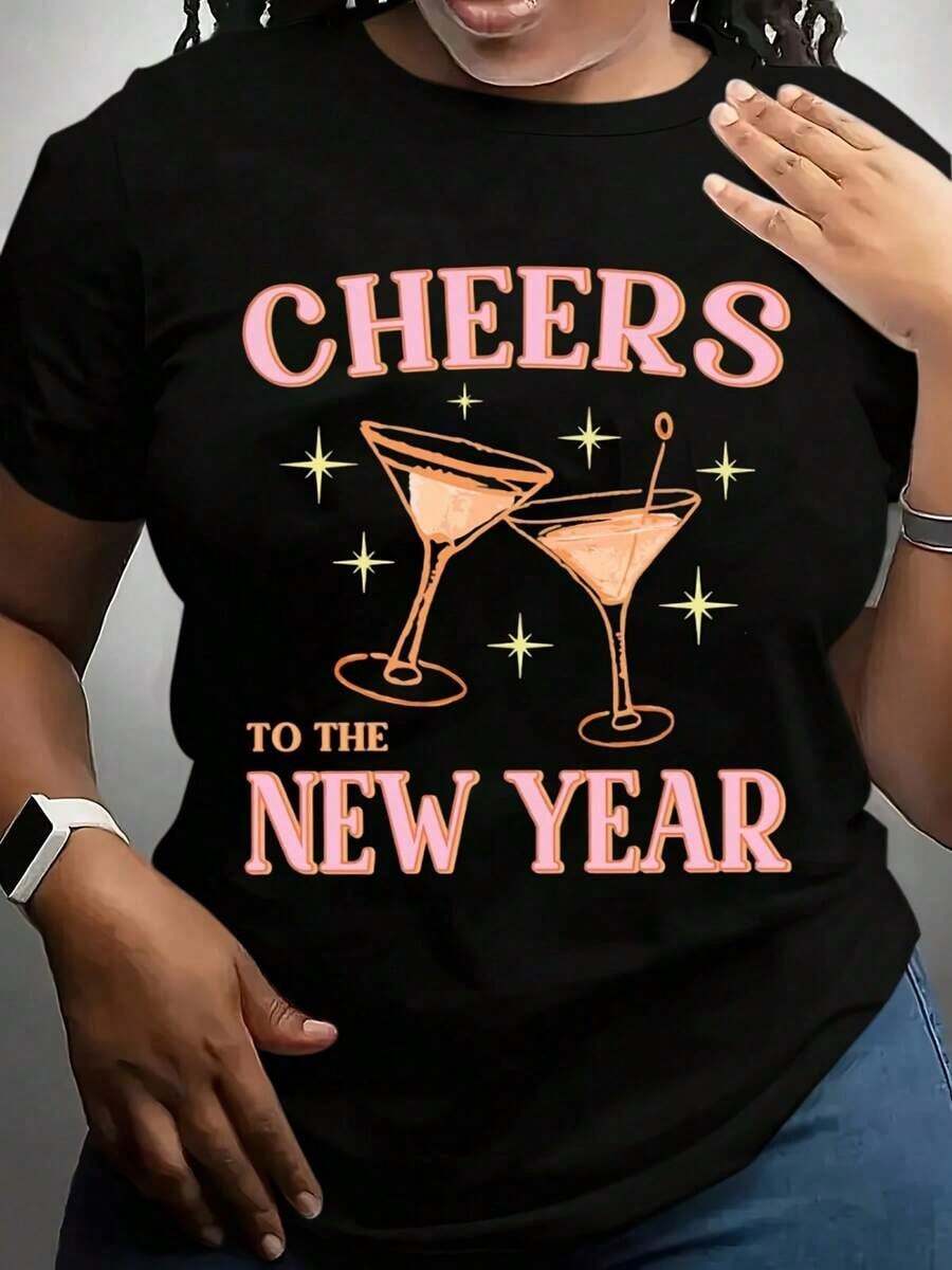 100% algodón, camiseta de mujer "Cheers To The New Year", con estampado de copa de martini y lentejuelas, ideal para celebraciones y fiestas. - Negro - Ver 1