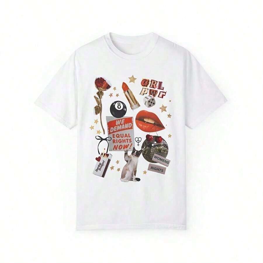 Girl Power Collage T-Shirt, Girl Power T-Shirt About Women's Rights, Equal Rights, Social Justice Activist, Vintage Inspired Graphic T-Shirt For Women, Breathable And Comfortable. - 白色 - 查看 1