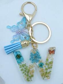 1pc Initial Letter Dried Flower Resin Keychain, Blue Daisy Pendant Keyring, Girl Bag Charm Accessory Gift - Baby Blue - View 34