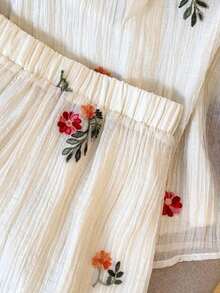 Conjunto de 2 piezas de blusa sin mangas con volantes y lazo bordado en color albaricoque y shorts, conjunto de vacaciones para mujer - Albaricoque - Ver 6