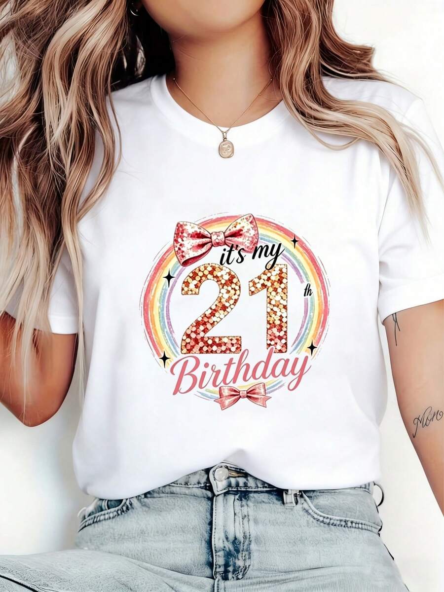 100% algodón puro, para mujerCamisetacasualdemujerdecuelloredondoymangacorta,conestampadodelazoarcoírisnúmerodelentejuelasbrillantesconpurpurinayestrella,"Esmi21cumpleaños",camisetaconmemorativodel21cumpleaños,superiorparasesióndefotosconambientedefiestadelvigésimoprimercumpleaños,estilo - Blanco - Ver 1