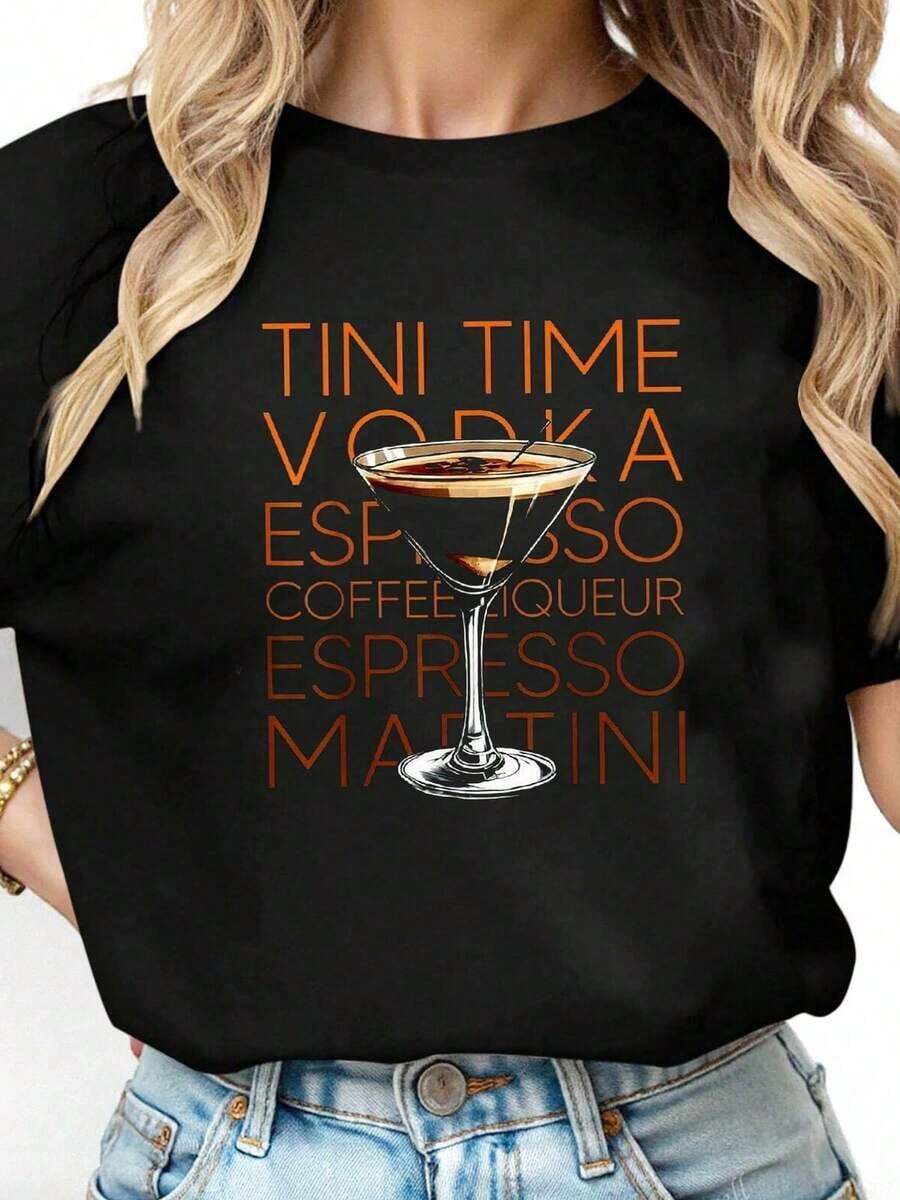 1 pieza Camiseta Gráfica para Mujer Tini Time Vodka Espresso Martini 100% Negra, Corte Relajado, Manga Corta, Cuello Redondo, con Letras Coloridas de Cóctel y Diseño de Martini, Camiseta Casual Transpirable de Verano, 180g Algodón 100%. - Negro 3 - Ver 1