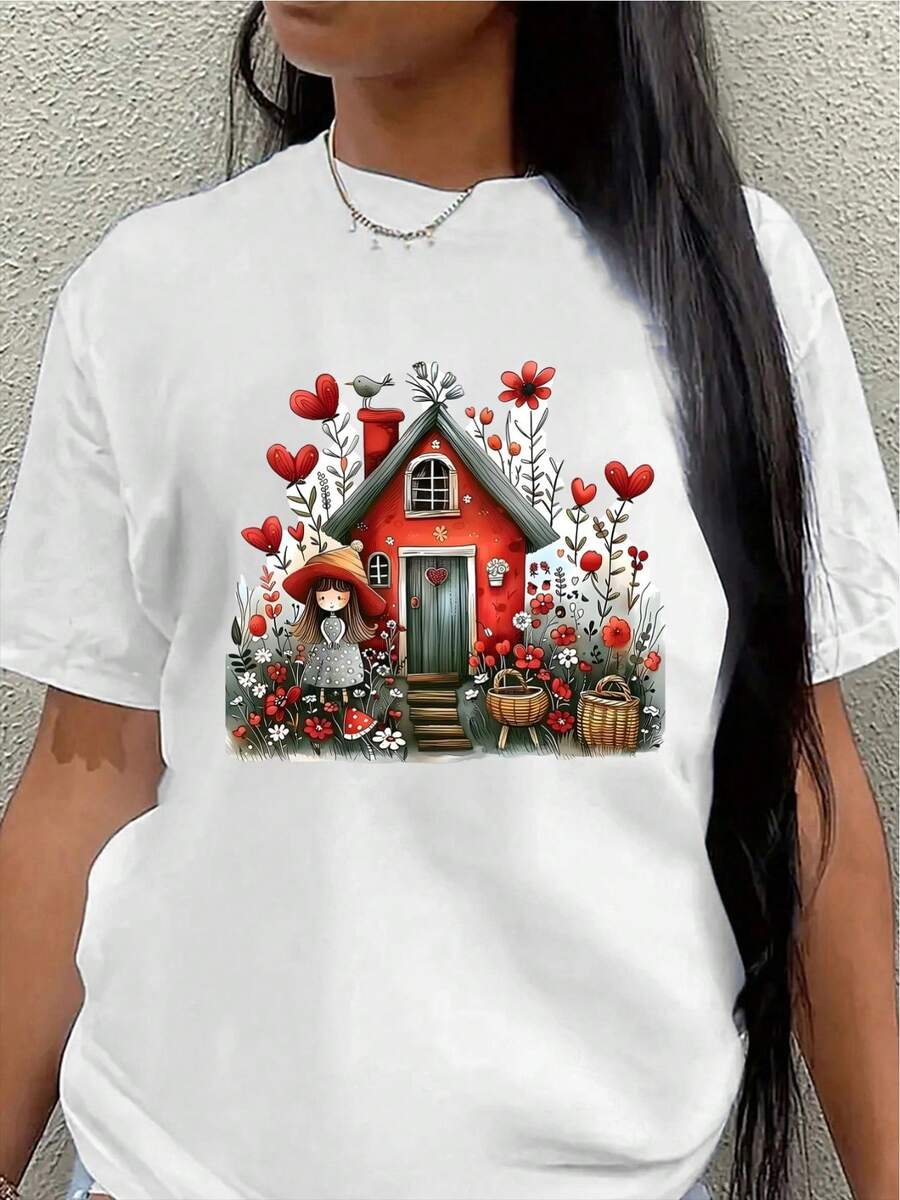 Camiseta de manga corta de poliéster, decorada con estampados campestres rojos, ligera y duradera, adecuada para usar en casa, en la cocina o al aire libre, con elementos de corazones y flores para crear un ambiente festivo. - Blanco - Ver 1