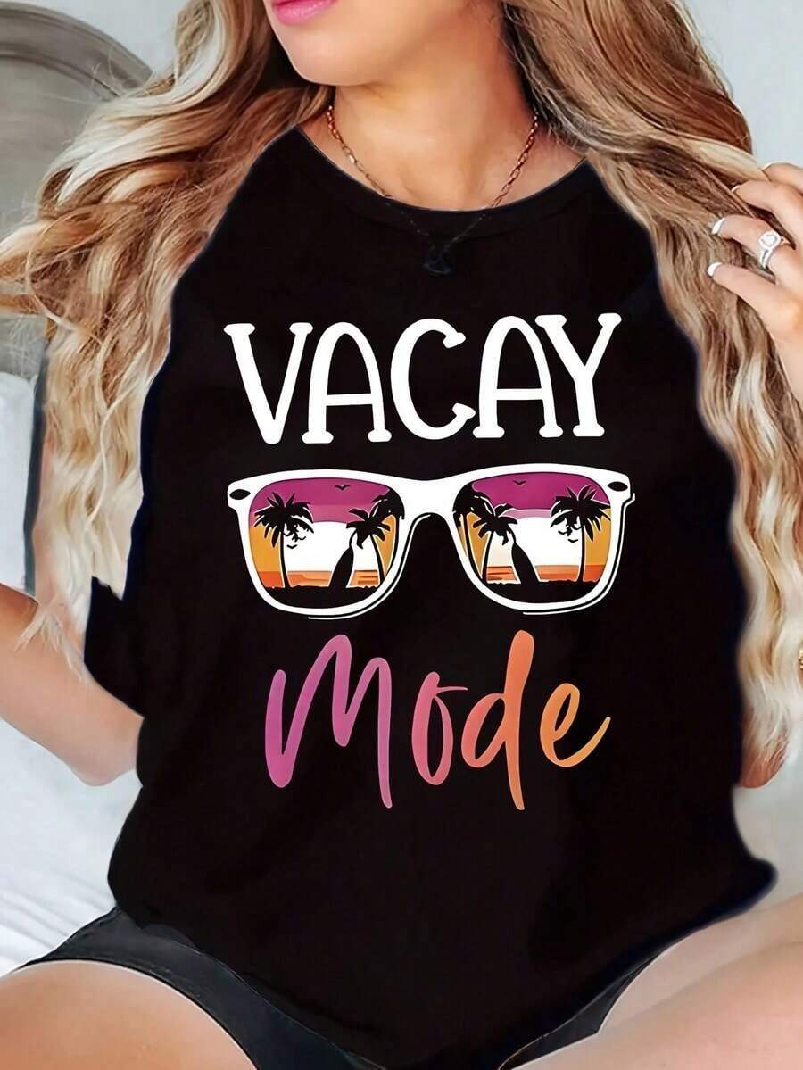 Women's T-Shirt With Palm Tree And Sunglasses Print, Vacay Mode Style, For Summer Vacation, Casual, 220g. Suitable As A Gift. Women's T-Shirt. Blouses > Elegant. Boho Chic. Soft, Breathable And Comfortable Women's Top, Ideal For Spring, Summer And Autumn, Perfect For Vacations, Travel And Everyday Wear. - 黑色 - 查看 1