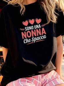 Sono Una Nonna Che Spacca Women's Casual Short Sleeve T-Shirt With Round Neck And Letter Print, Spring Summer, Daily Style, Daily Outings, Holiday Gift, Women's T-Shirts - 黑色 1 - 查看 2