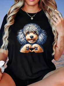 ModernoCute Camiseta con Estampado de Huella de Pata de Perro Poodle en Forma de Corazón para Mujer, Top Casual de Verano Blanco, Camiseta de Mujer, 220g Ropa Casual - Negro - Ver 5