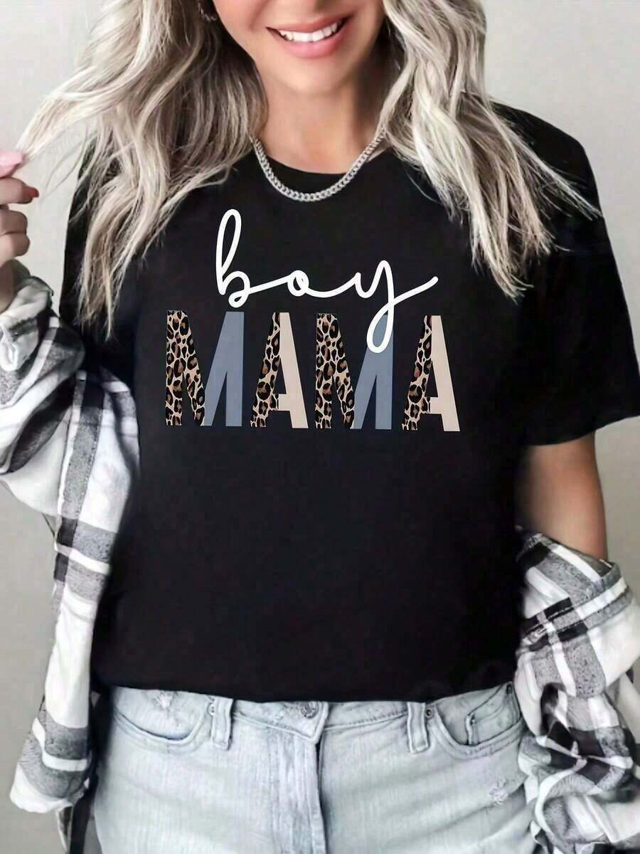 1 Piece Fashion Casual T-Shirt For Men And Women With "Mom" Print, Short Sleeve, Round Neck, Casual Top, Women's Clothing For Summer And Spring, 100% Cotton, Versatile, Easy To Match, For Daily Wear, Urban Style, Vacation Wear, Weekend Wear. - 黑色 - 查看 1