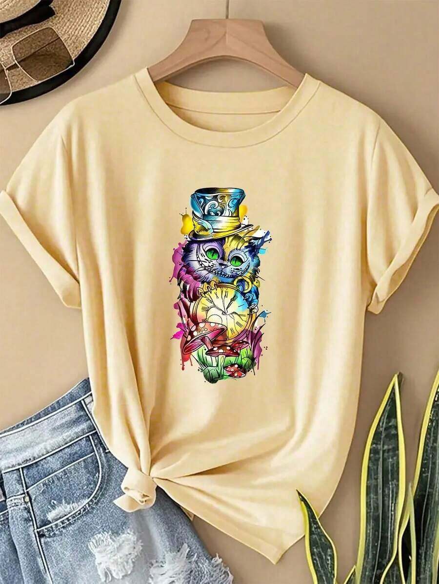 1 Piece Of Casual Fashion For Men And Official Women's T-Shirt - "Alice's Dreamland" Design, Short Sleeves, Round Neck, Casual Style Suitable For Spring And Summer, Soft And Breathable Fabric, Ideal For Themed Events And Everyday Wear. Versatile, Easy To Match, For Daily Wear, Urban Style, Vacation Wear, Weekend Wear. - 杏 - 查看 1