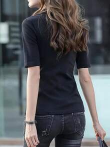 Camiseta Con Cuello De Pie De Manga Corta De Color Sólido - Negro - Ver 2