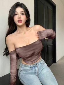 Top de manga larga con hombros descubiertos, de malla transparente con efecto tie-dye, para salir, festivales y verano, top con hombros descubiertos, ropa de vuelta al colegio - Marrón - Ver 5