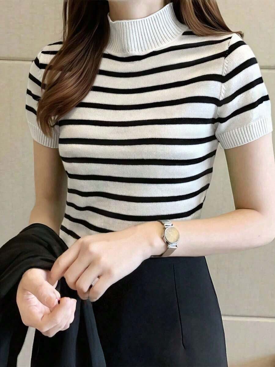 Suéter ajustado de punto de cuello alto medio, unicolor, de manga corta, para otoño e invierno, para mujer - Blanco y Negro - Ver 1