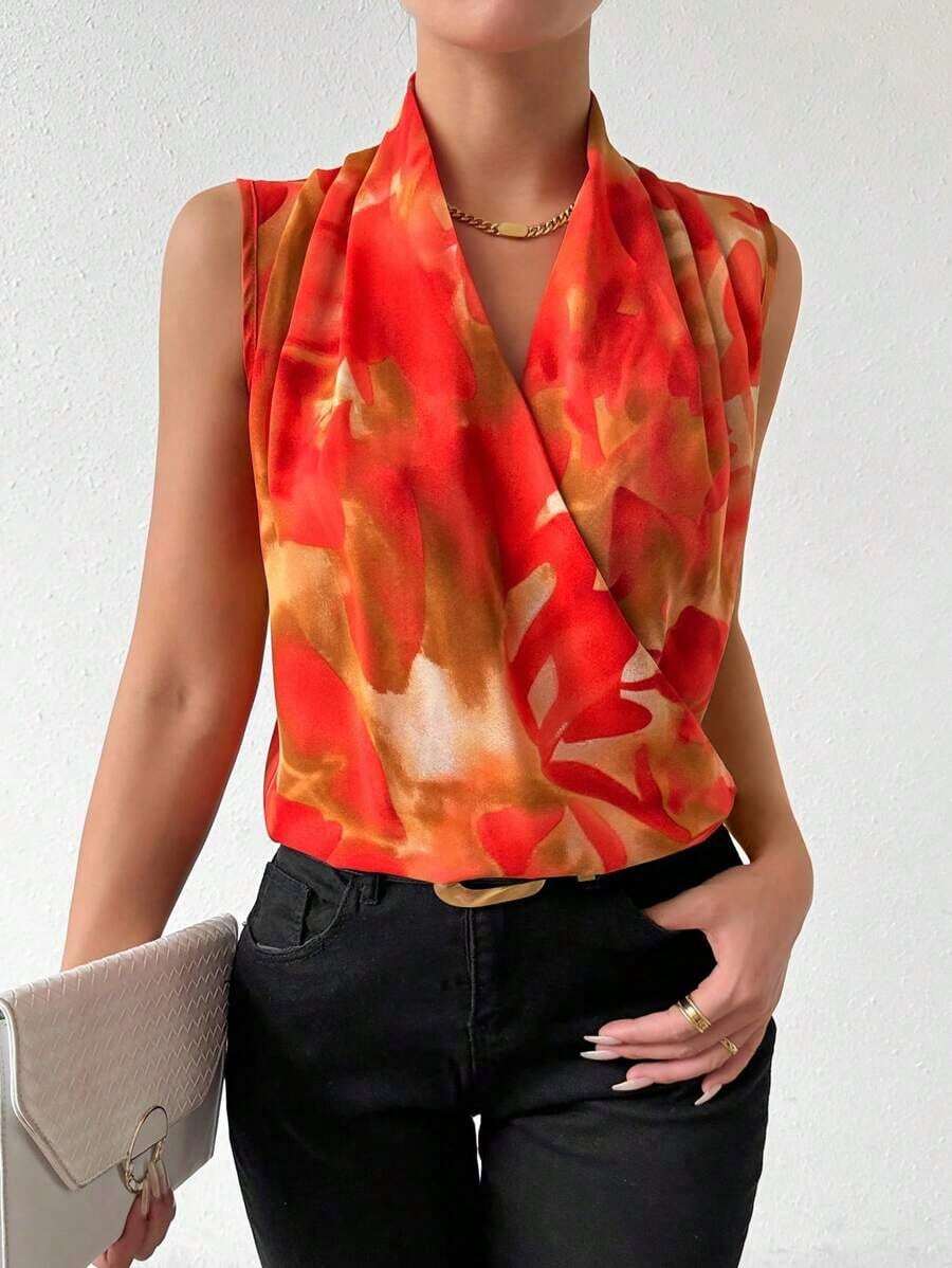 sin mangas con escote cruzado teñida anudada para uso diario, blusas sin mangas - Naranja - Ver 1
