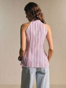 Blusa de verano con estampado de rayas, lazo decorativo y ajuste ceñido para uso casual, de viaje y diario - Rosa - Ver 7