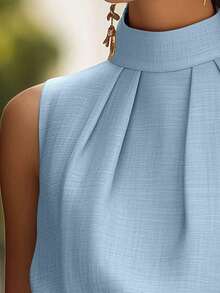 Top sin mangas de cuello alto con pliegues, top ajustado de diseño exclusivo y elegante para mujer, casual de verano - Celeste - Ver 4