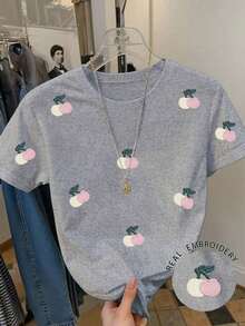 Camiseta de manga corta casual de mujer con bordado de cerezas, para verano - Gris - Ver 6