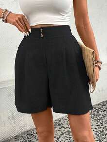 Pantalones cortos de mujer de unicolor y minimalistas para uso diario - Negro - Ver 3