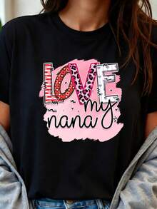 Camiseta estampada "LOVE MY NANA", manga corta y cuello redondo para mujer, diseo con estampado de letras bonitas, elegante, casual y vers£til, expresa amor por la abuela, adecuada para uso diario, regalo del D■a de la Madre, regalo del D■a de la Abuela, regalo de cumpleaos, reuniones familiares - Negro - Ver 2
