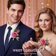 Corsage Boutonniere Set, Groomsmen Buttonholes, Pink Wrist Corsage For Women - Purple - View 4