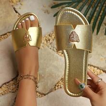 Dép xăng đan đế bằng cho nữ, dép xỏ ngón, dép lê casual, dép lê hở mũi tối giản màu vàng bóng, dép xăng đan mùa hè, dép đế bằng khoét rỗng tròn. - Vàng - Xem 1