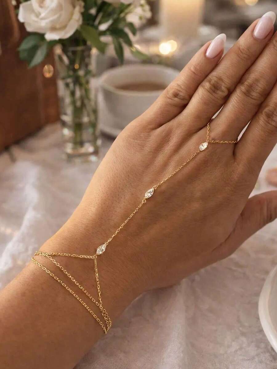 Bohemian Style Horse Eye Rhinestone Chain Ring Bracelet, Minimalist Fashion Versatile Finger Ring Chain, Personalized Jewelry Accessories For Women - Gold - View 1