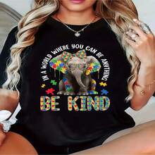 1 pieza de Playera corta de 100% algodón, cuello redondo casual con estampado, Playera para conciencia del autismo, elefante amable, manga corta transpirable para uso diario - Negro - Ver 2