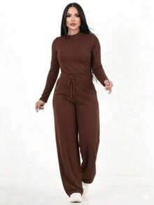 Women's Set: Wide Leg Pants And Long Sleeve Ribbed Knit Top - Premium Winter Casual Chic - 鏽棕色 - 查看 7