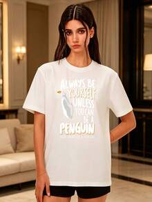 Women's 180g Short Sleeve T-Shirt - Cute Denim Print T-Shirt With Round Neck, Suitable For Summer, Casual Daily Wear, Gifts For Building Activities, Machine Washable, Not See-Through - Unisex Cotton Loose Fit T-Shirt With Vintage Urban Style, Round Neck And Short Sleeves. - White - View 7