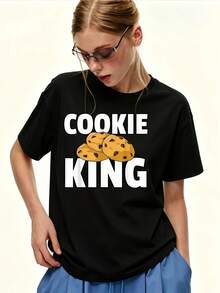 Camiseta de mujer de 180 g con estampado de Cookie King, manga corta, cuello redondo, top holgado informal de verano, regalo para el Día de la Madre, reuniones familiares, formación de equipos de empresa - Camiseta unisex de algodón holgado de manga corta y cuello redondo estilo vintage urbano. - Negro - Ver 1