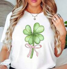 Camisetas del Día de San Patricio para Mujer, Camisetas con Tréboles Irlandeses de la Suerte, Manga Corta, Cuello Redondo, Blancas, Estampadas, con LazoSuitable for spring, summer and autumn - Blanco - Ver 2