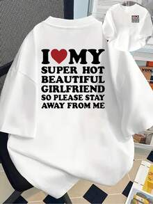 Camiseta estampada de manga corta con diseños en la parte delantera y trasera - Amo a mi novia, novia súper guapa - Camiseta estampada de moda para mujer, primavera/verano, ¡tu mejor elección!100% Algodón - Blanco - Ver 1
