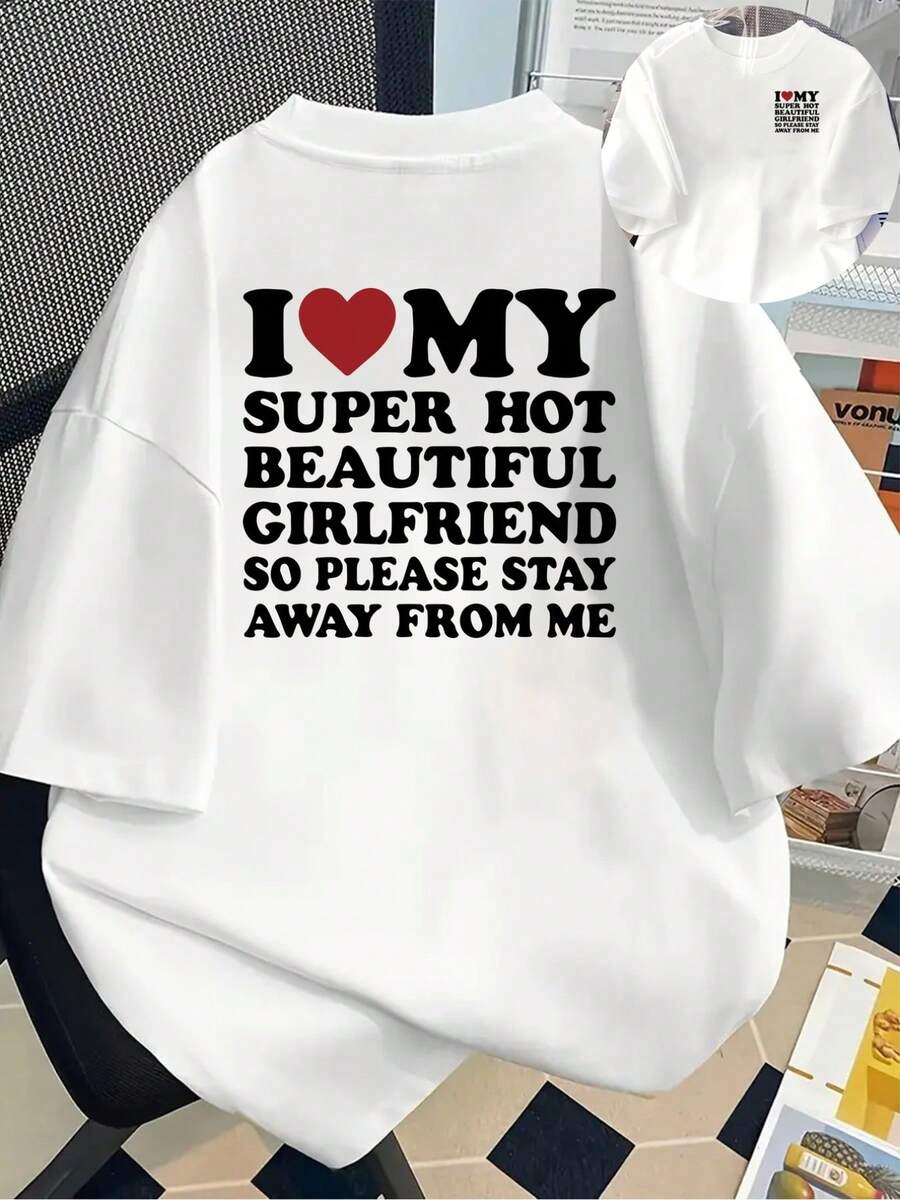 Camiseta estampada de manga corta con diseños en la parte delantera y trasera - Amo a mi novia, novia súper guapa - Camiseta estampada de moda para mujer, primavera/verano, ¡tu mejor elección!100% Algodón - Blanco - Ver 1