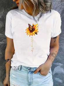 Arte Mexicano Camiseta Casual de Mujer con Estampado Floral, Manga Corta, Cuello Redondo, Ligera, para Primavera Verano, Diseño Vibrante de Girasol y Mariposa, Corte Relajado para Atuendo Casual, Top de Primavera Verano, Diseño de Estampado Vibrante, Textura Brillante, Camiseta de Algodón para Familia Coordinada - Blanco - Ver 7