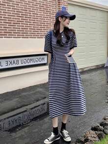 Women's Polka Dot Dress, Short Sleeve, Long Length, Suitable For Commuting, Office Casual, Cute And Stylish, Figure-Flattering, Elegant, Retro, Spring/Summer. - Blue and White - View 3