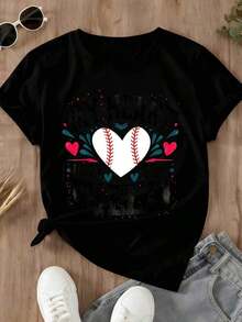 Camiseta con Estampado de Béisbol "In My T Ball Mom Era" para Mujer - Estilo Urbano Vintage Unisex, Holgada, de Algodón, Manga Corta, Cuello Redondo, 100% Algodón - Negro - Ver 3