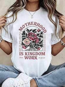 Women's Floral Print T-Shirt "Motherhood Is Kingdom Work," Casual, Comfortable, Loose Fit, With Bible Verse Proverbs 31:25-27, Perfect For Everyday Wear And Light Activities - Vintage Urban Style, Unisex, Cotton, Short Sleeve, Crew Neck, 100% Cotton - 白色 - 查看 1