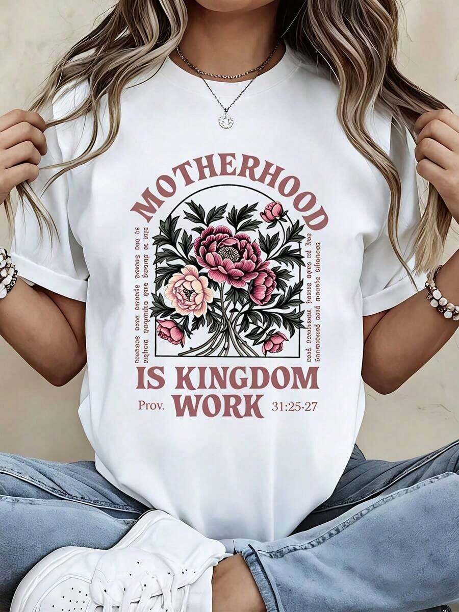 Women's Floral Print T-Shirt "Motherhood Is Kingdom Work," Casual, Comfortable, Loose Fit, With Bible Verse Proverbs 31:25-27, Perfect For Everyday Wear And Light Activities - Vintage Urban Style, Unisex, Cotton, Short Sleeve, Crew Neck, 100% Cotton - 白色 - 查看 1